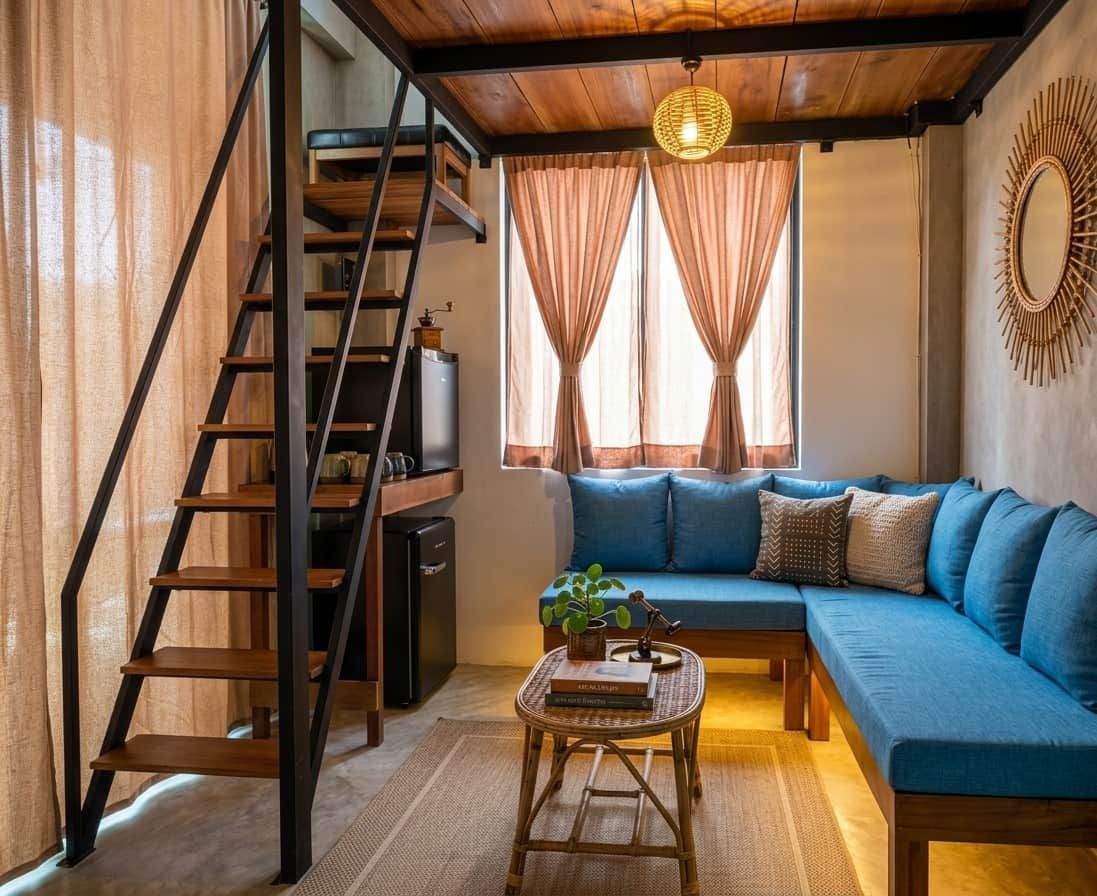 Un salon avec un canapé bleu, une échelle en bois, une petite table avec des livres et un luminaire suspendu.