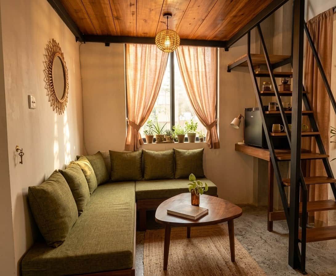Une pièce chaleureuse avec un plafond en bois, un canapé vert, une table ronde sur laquelle se trouvent un livre et une plante, et un escalier avec une étagère.