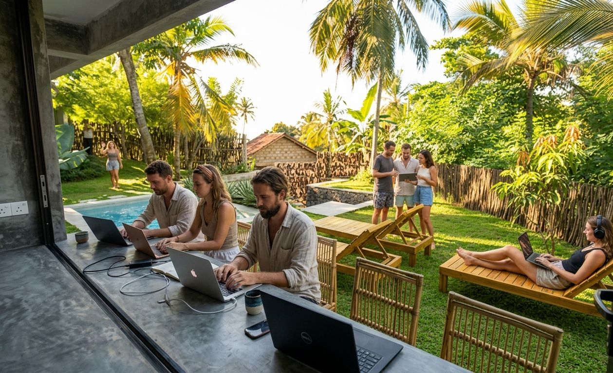 Ein Außenarbeitsplatz mit Personen, die Laptops benutzen, umgeben von üppiger Vegetation und einem Schwimmbad.
