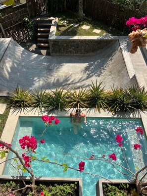 Une piscine avec une personne dans l’eau, entourée de plantes et de fleurs.