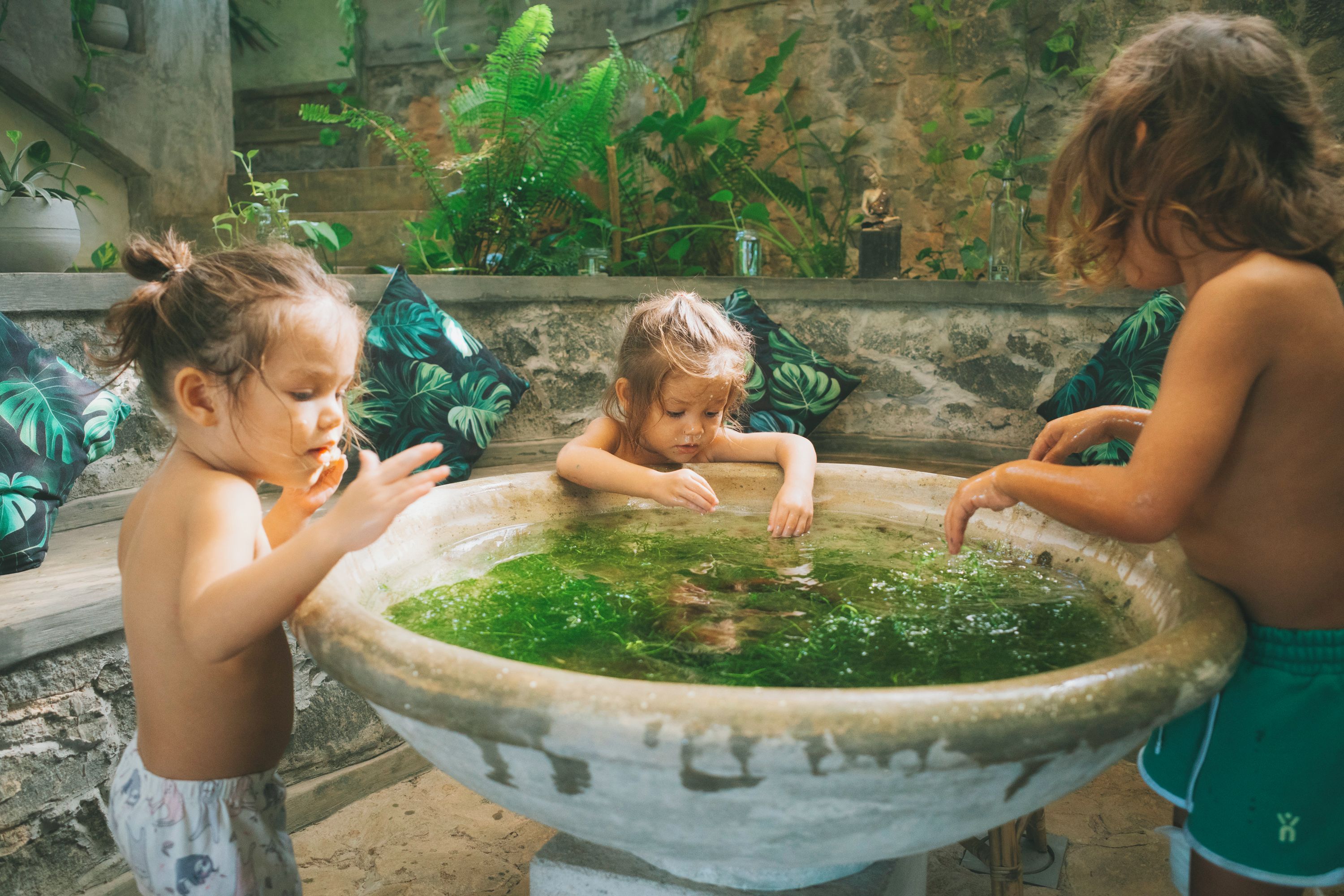 Children playing in a large outdoor water feature surrounded by greenery.