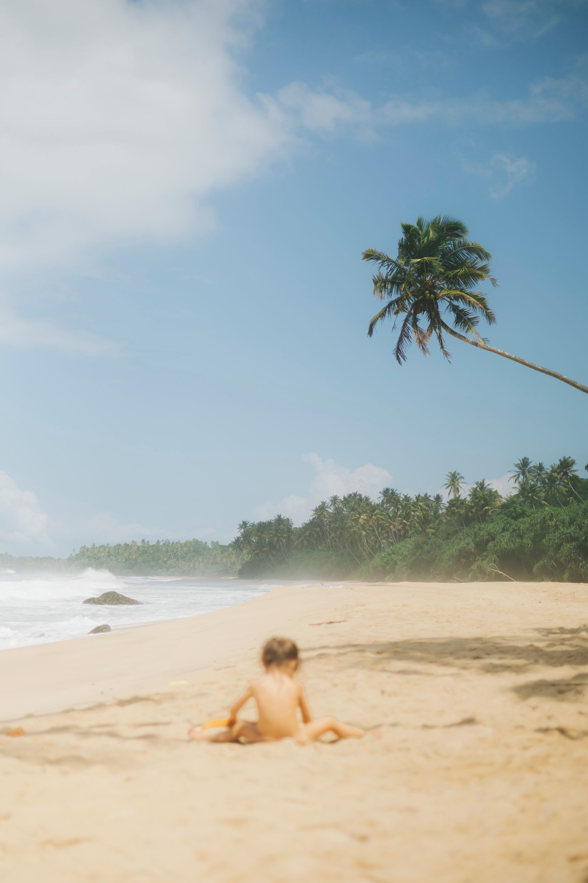 A beach scene with a child sitting on the sand, palm trees, and ocean waves.