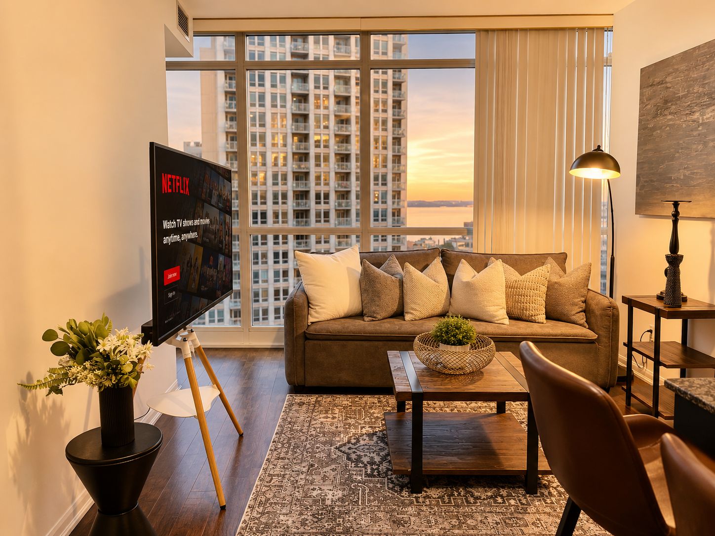 A modern living room with a large window, a flat-screen TV, a sofa, a coffee table, and a lamp.