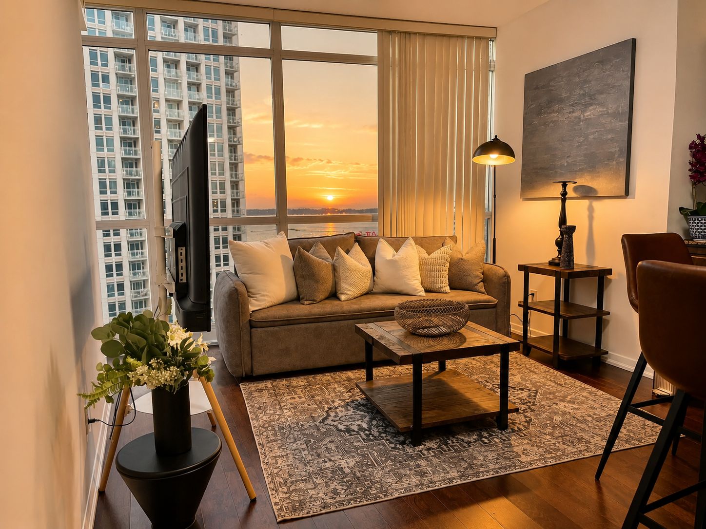 A modern living room with a sofa, coffee table, and a view of a sunset through large windows.