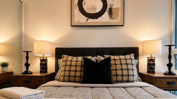 Una cama bien hecha con cabecera, dos mesitas de noche con lámparas y una obra de arte en la pared.