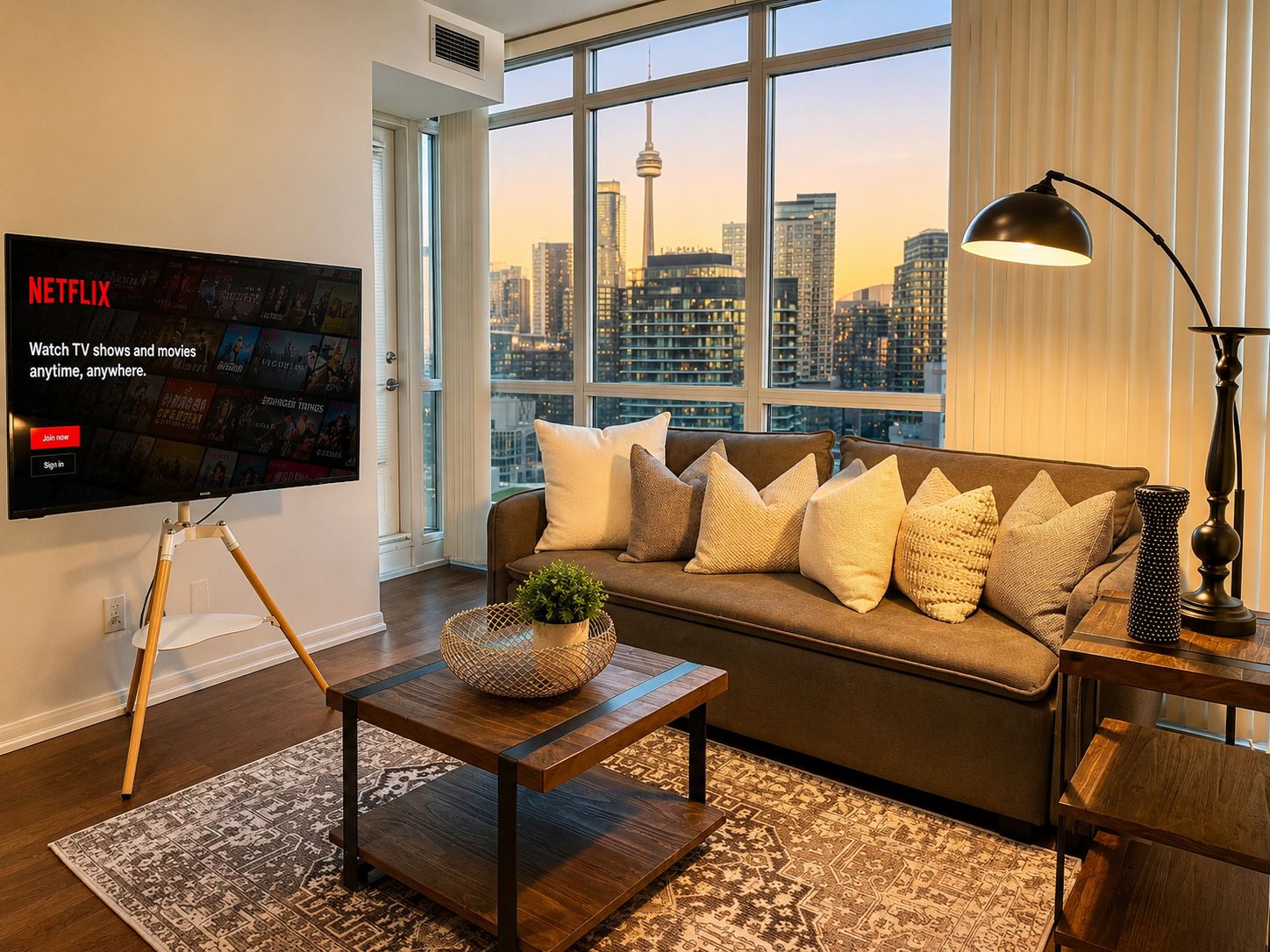 A living room with a large window, a sofa, a coffee table, a lamp, and a TV displaying the Netflix logo.