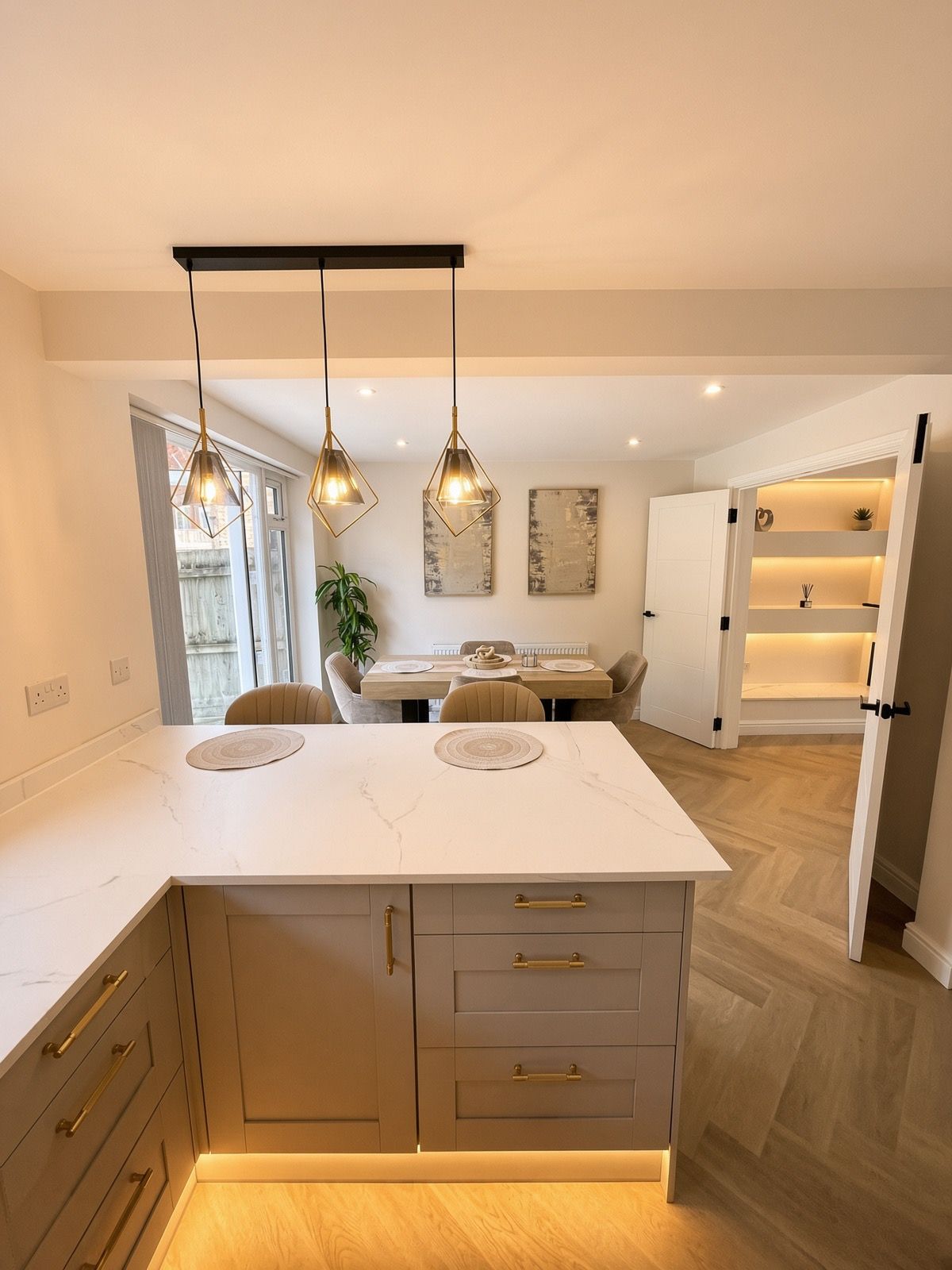 Una cocina moderna con una isla central, iluminación colgante y una zona de comedor con mesa y sillas.