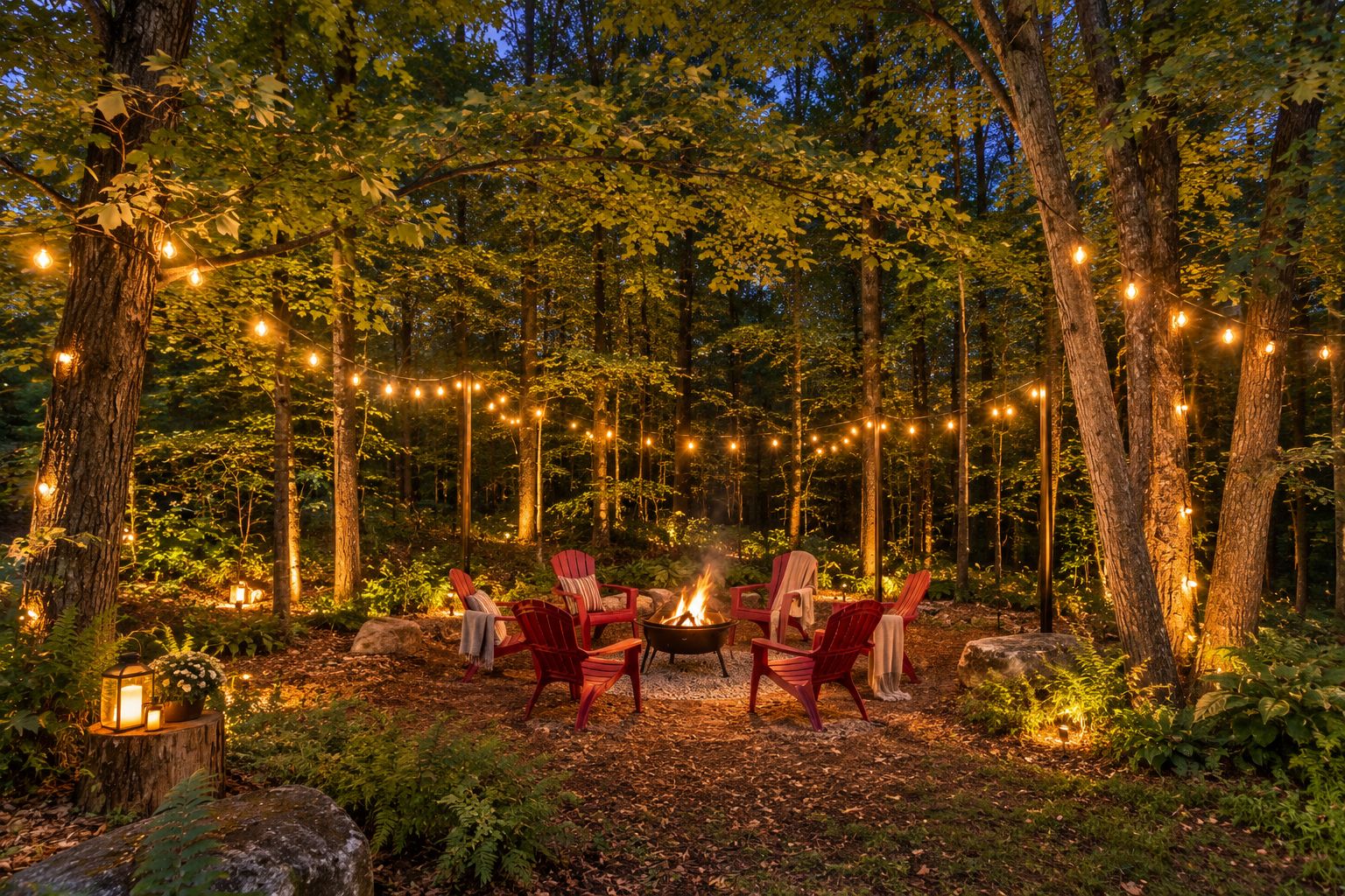 A forest setting with a fire pit and red chairs arranged for seating.