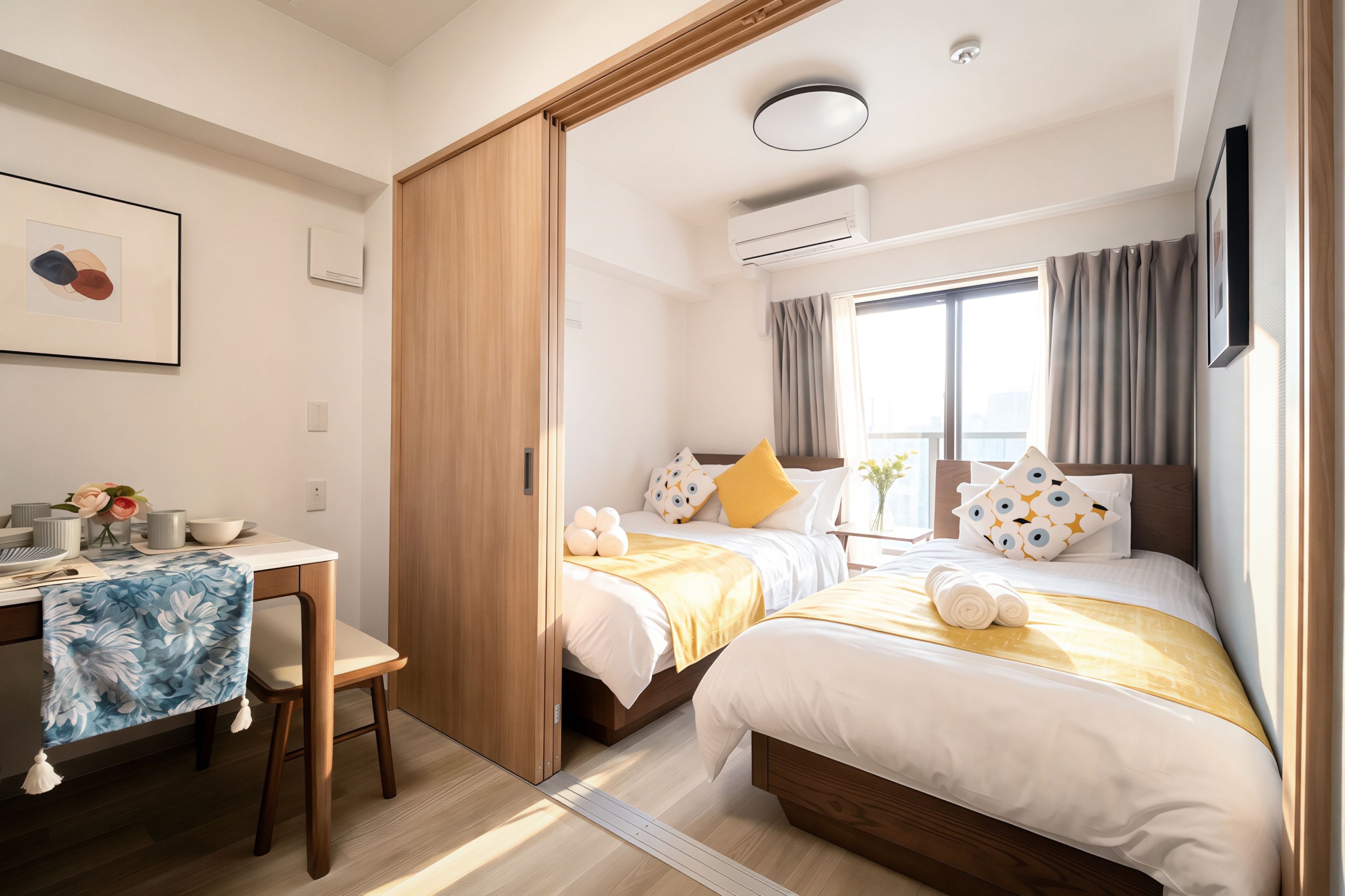 A modern hotel room with two beds, a desk, and a view of the city.