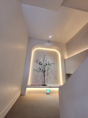 A modern interior with a minimalist design, featuring a recessed wall with a tree sculpture and a visible exit sign.