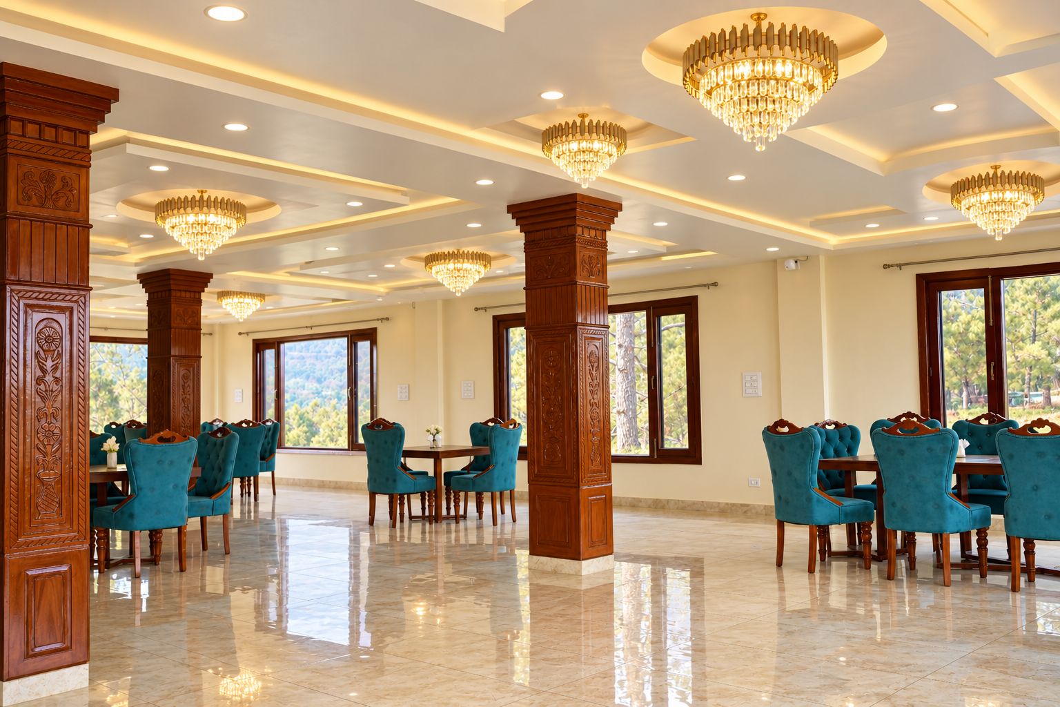 A spacious dining area with teal upholstered chairs, wooden tables, and ornate chandeliers.