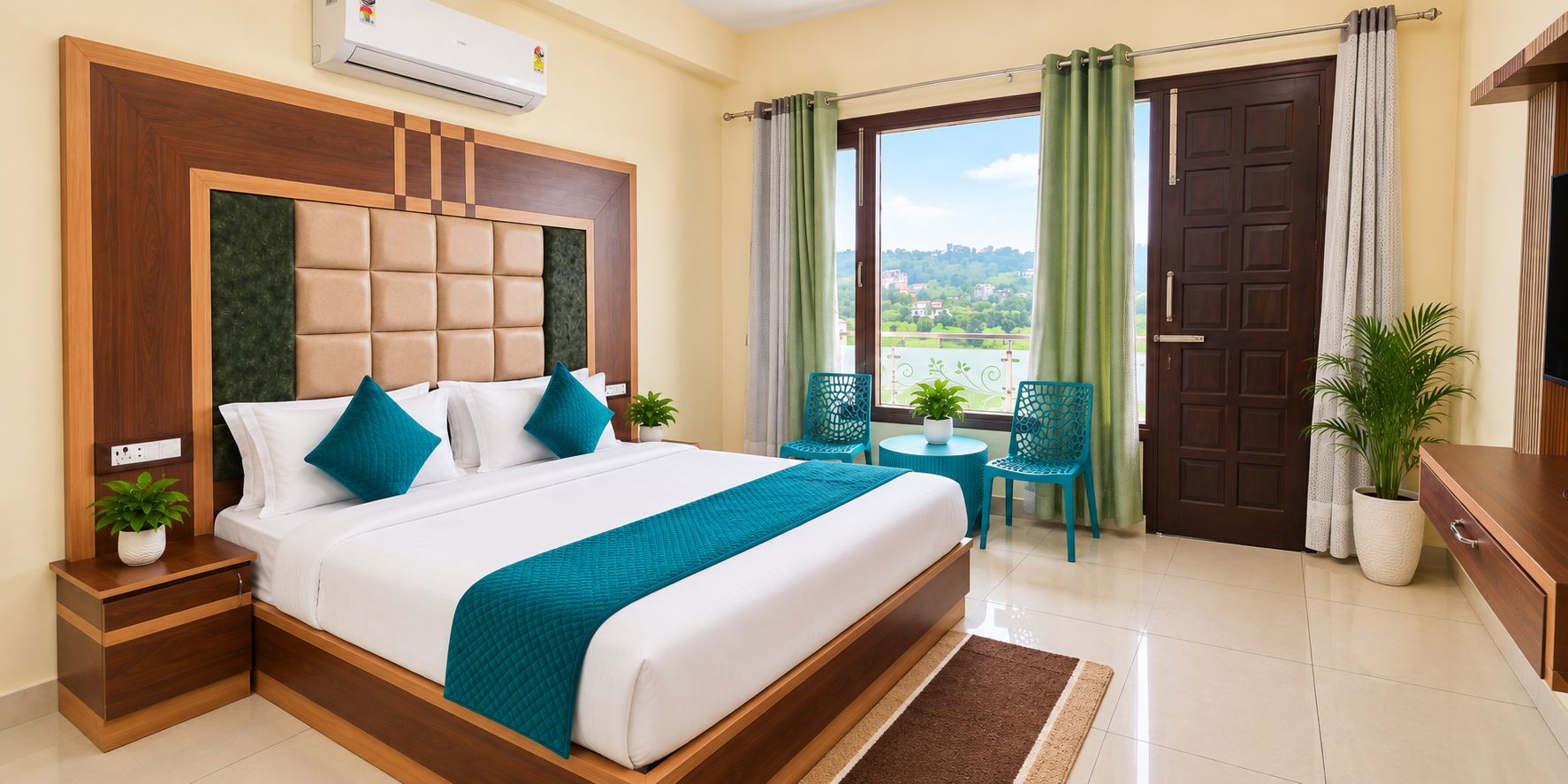 A hotel room with a large bed, a wooden headboard, a small table with chairs, a potted plant, and a view through the door.
