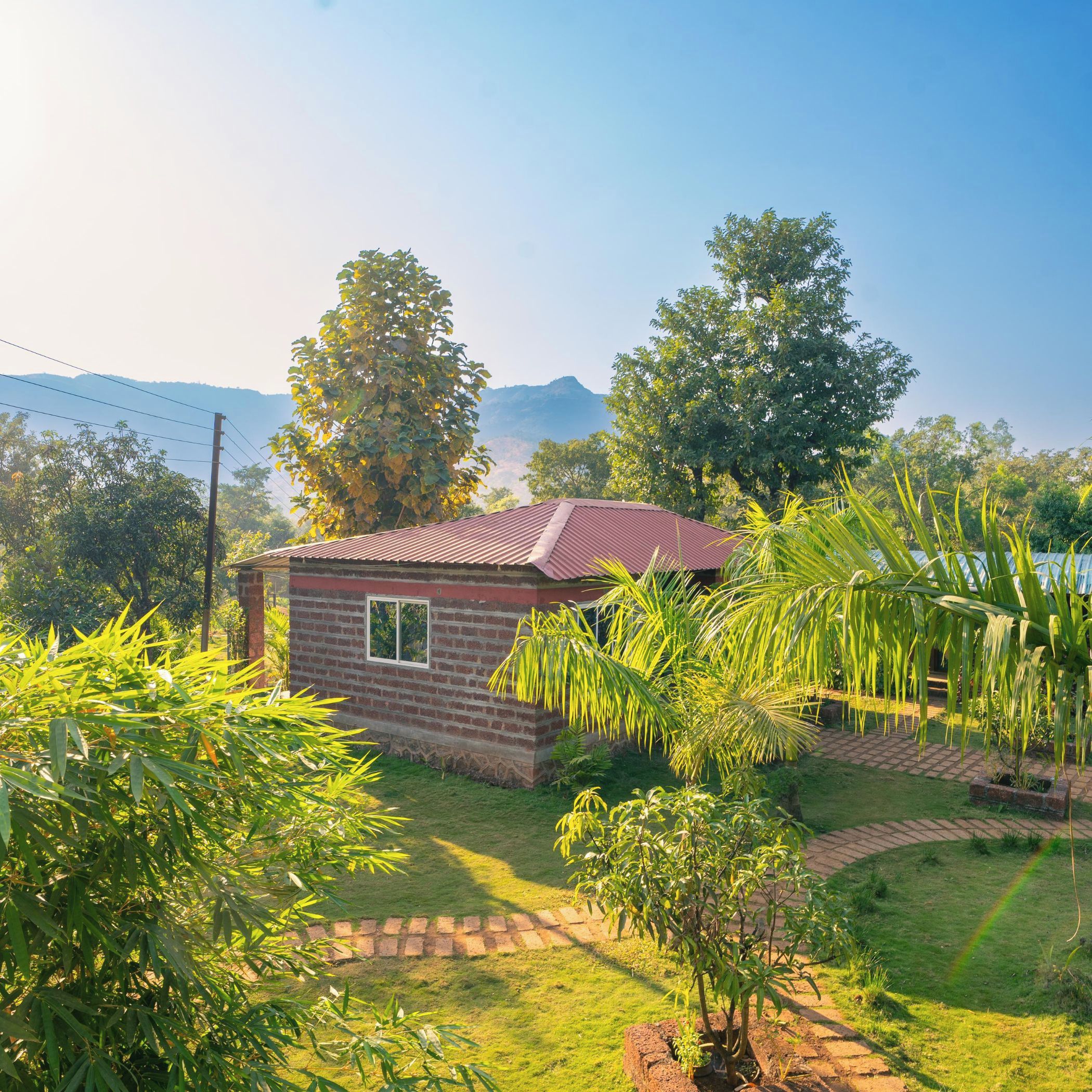 A small brick house with a red roof, surrounded by lush greenery and a clear sky.