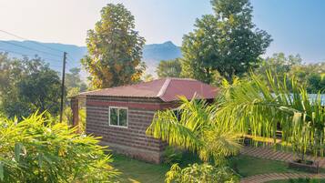 A small brick house with a red roof, surrounded by lush greenery and a clear sky.
