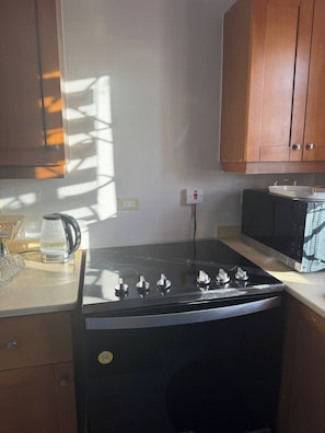 Una cocina equipada con estufa, microondas y armarios.