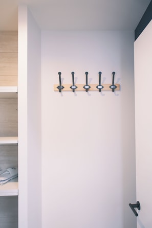 Eine an der Wand befestigte Garderobe mit fünf Haken neben einer Tür mit einem modernen Griff.