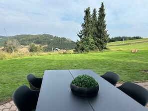 A table with chairs and a bowl of green plants in a grassy outdoor area with a view of trees and hills. - Romantic Chalet Neuastenberg (Winterberg)
