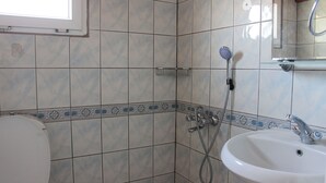 Un baño con inodoro, lavamanos y ducha.