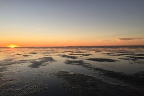 Une plage au coucher du soleil, avec une mer calme et un ciel dégagé.