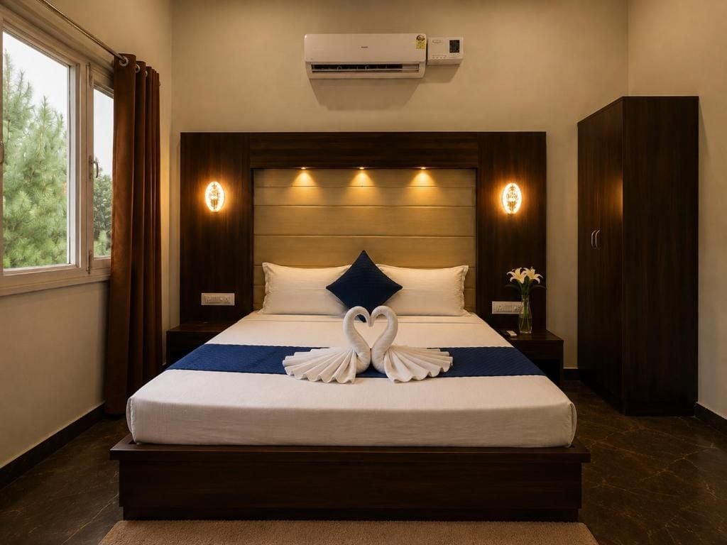 Habitación de hotel con una cama grande, cabecera con iluminación integrada, unidad de aire acondicionado y vista a árboles por la ventana.