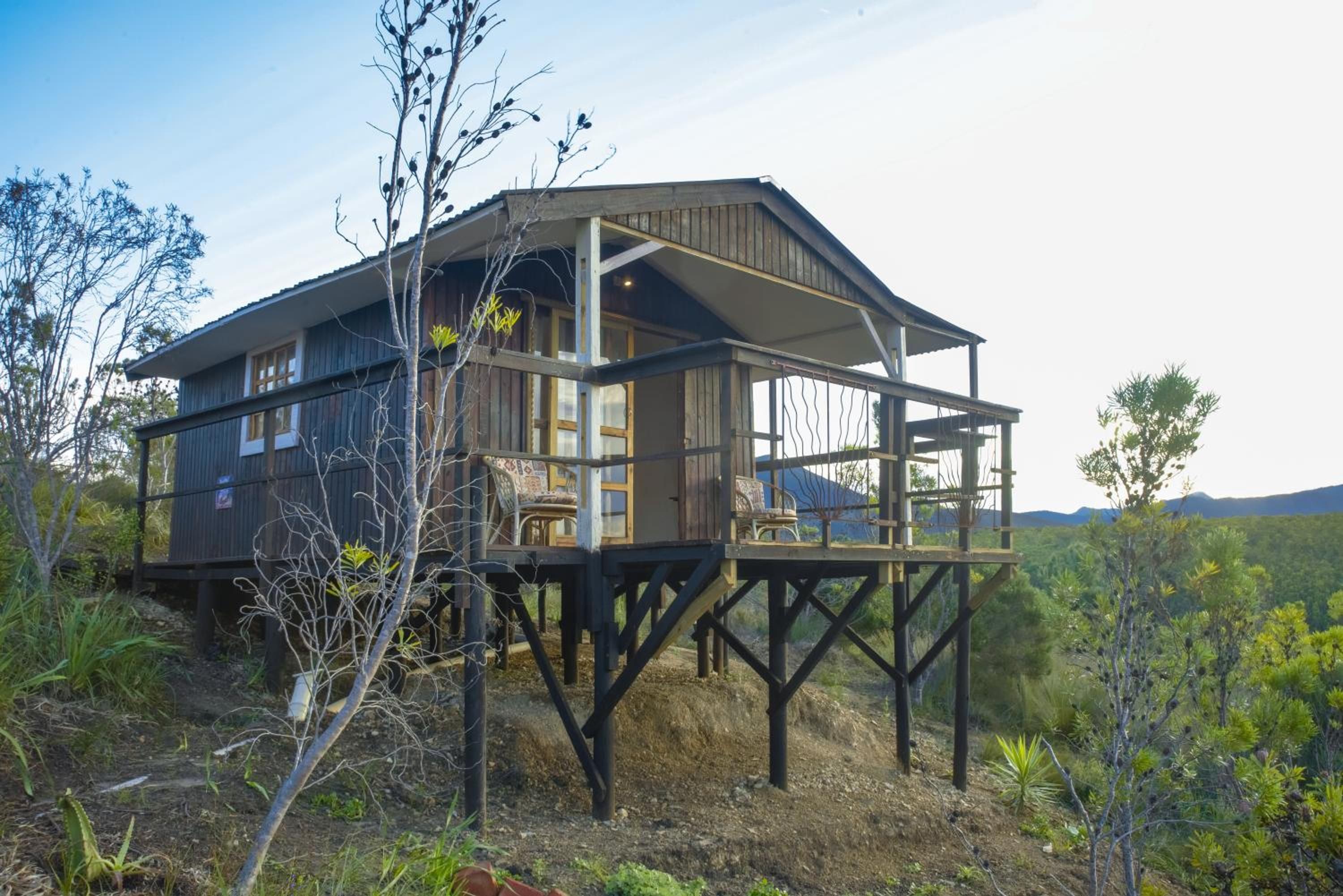 A wooden house with a balcony, surrounded by natural vegetation.