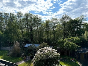 Ein Gewächshaus, umgeben von üppigem Baumbestand und einem gepflegten Garten.