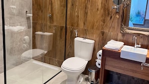 Une salle de bain moderne avec une douche à parois de verre, des toilettes et un meuble-lavabo avec un évier.