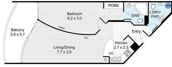 A floor plan with a bedroom, living/dining area, balcony, kitchen, entry, and bathroom. - Top Floor Braddon | Sunset Views to Black Mountain (Braddon)