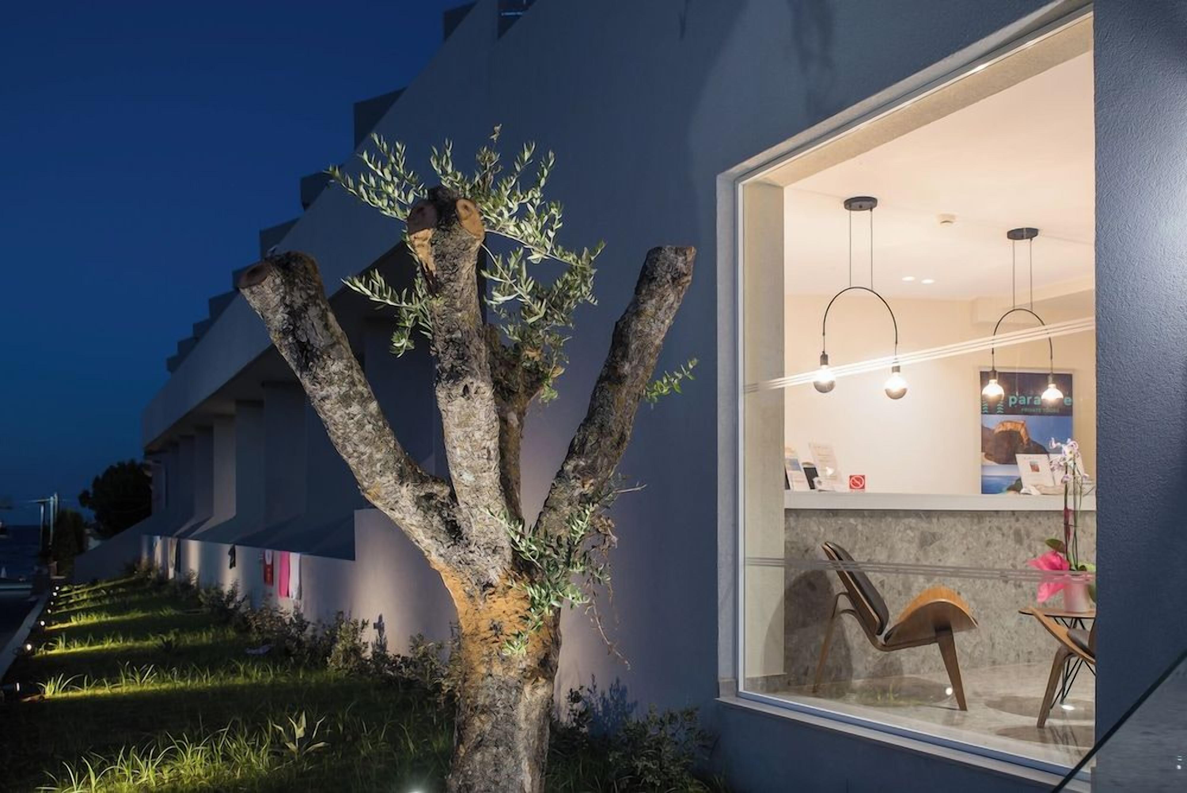 Een modern gebouw met een groot raam, een boom op de voorgrond en een eethoek met stoelen en een tafel.