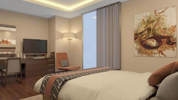 A hotel room with a bed, a desk, a chair, a television, and a large abstract painting on the wall.