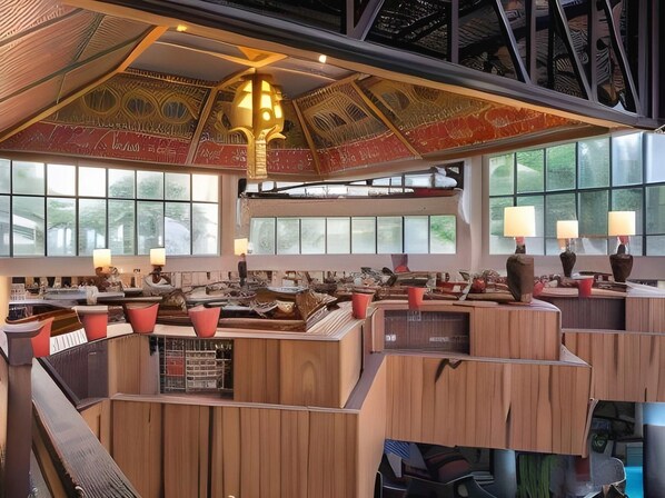 A modern interior with a unique ceiling design, large windows, and wooden furniture. - Club Himalaya by ACE Hotels (Baluwapati Deupur)