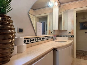Un bagno con lavandino, specchio e porta carta igienica.