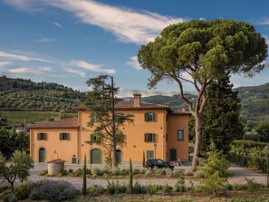 A two-story building with a tiled roof, surrounded by a landscaped garden with various shrubs and a large tree. - Casale Paradisino - Appartamento Il Sole (Castiglion Fiorentino)