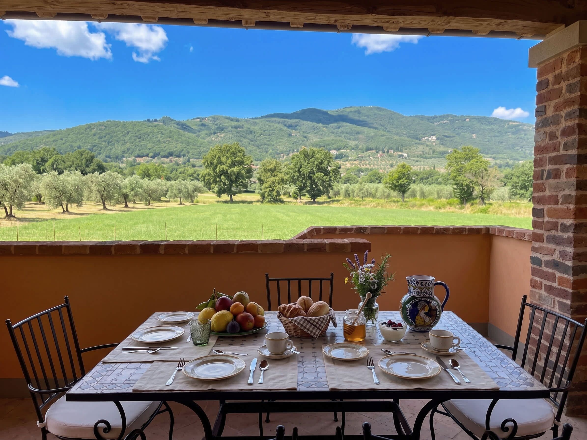 An outdoor dining table set with plates, cutlery, and a fruit basket, overlooking a scenic landscape with hills and trees.