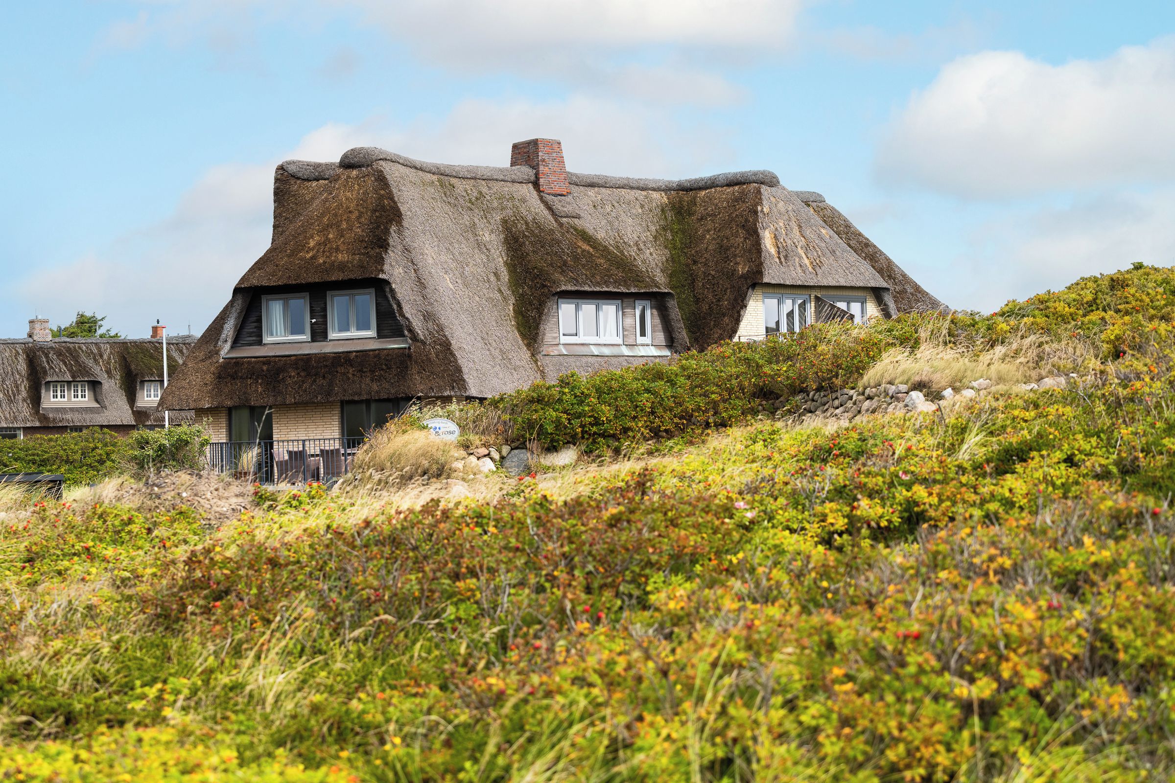 Ein traditionelles Reetdachhaus mit vielen Fenstern und einem Steinkamin.