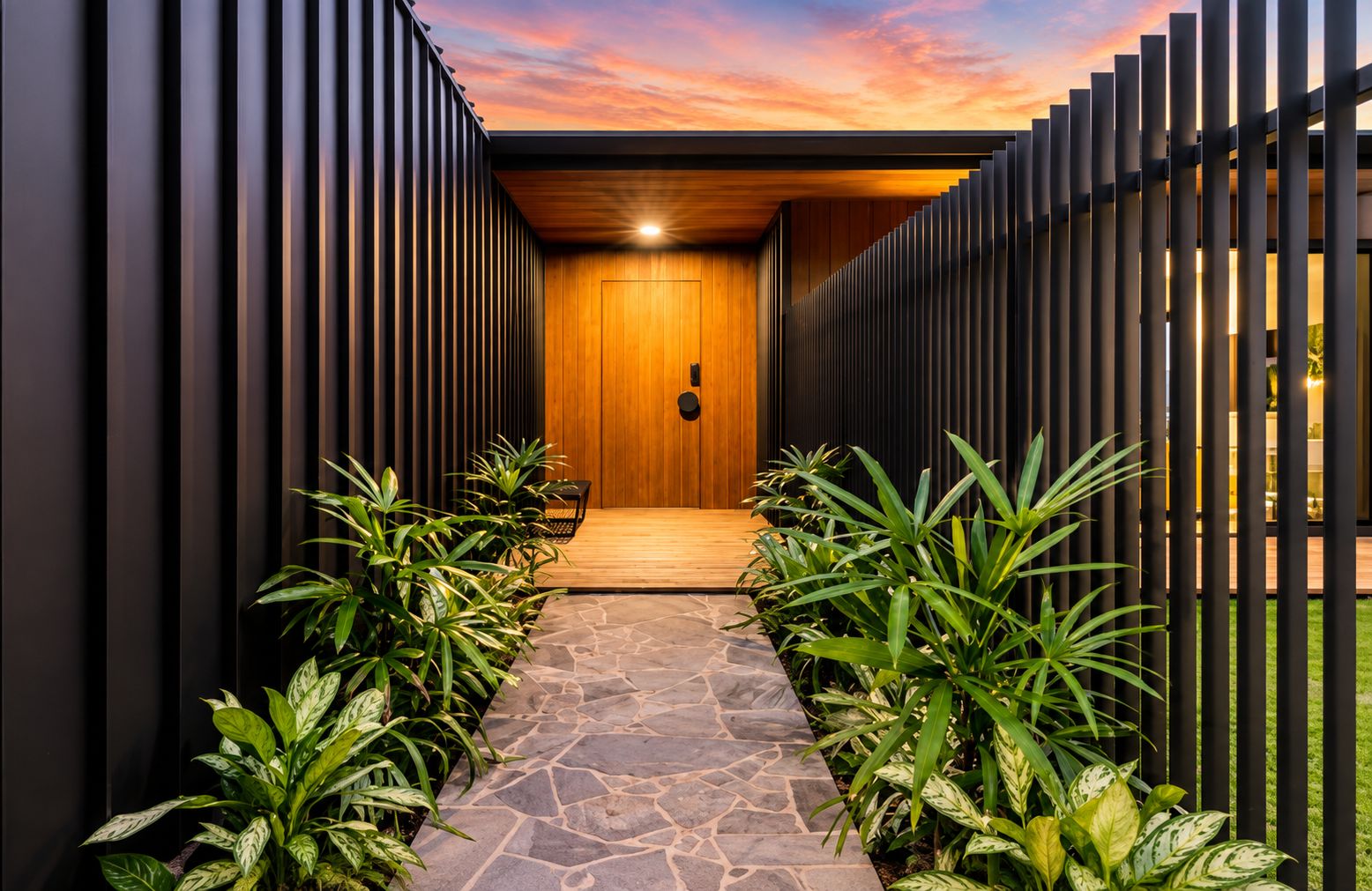 Private designer entry with tropical greenery and warm modern lighting