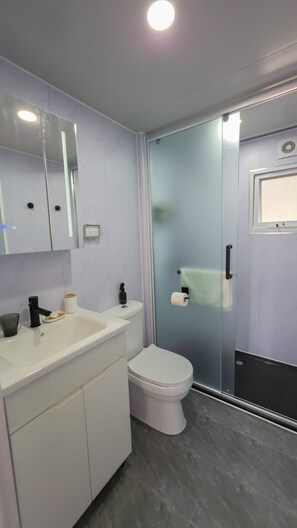 Ein modernes Badezimmer mit Toilette, Waschbecken und einer Duschkabine aus Glas.