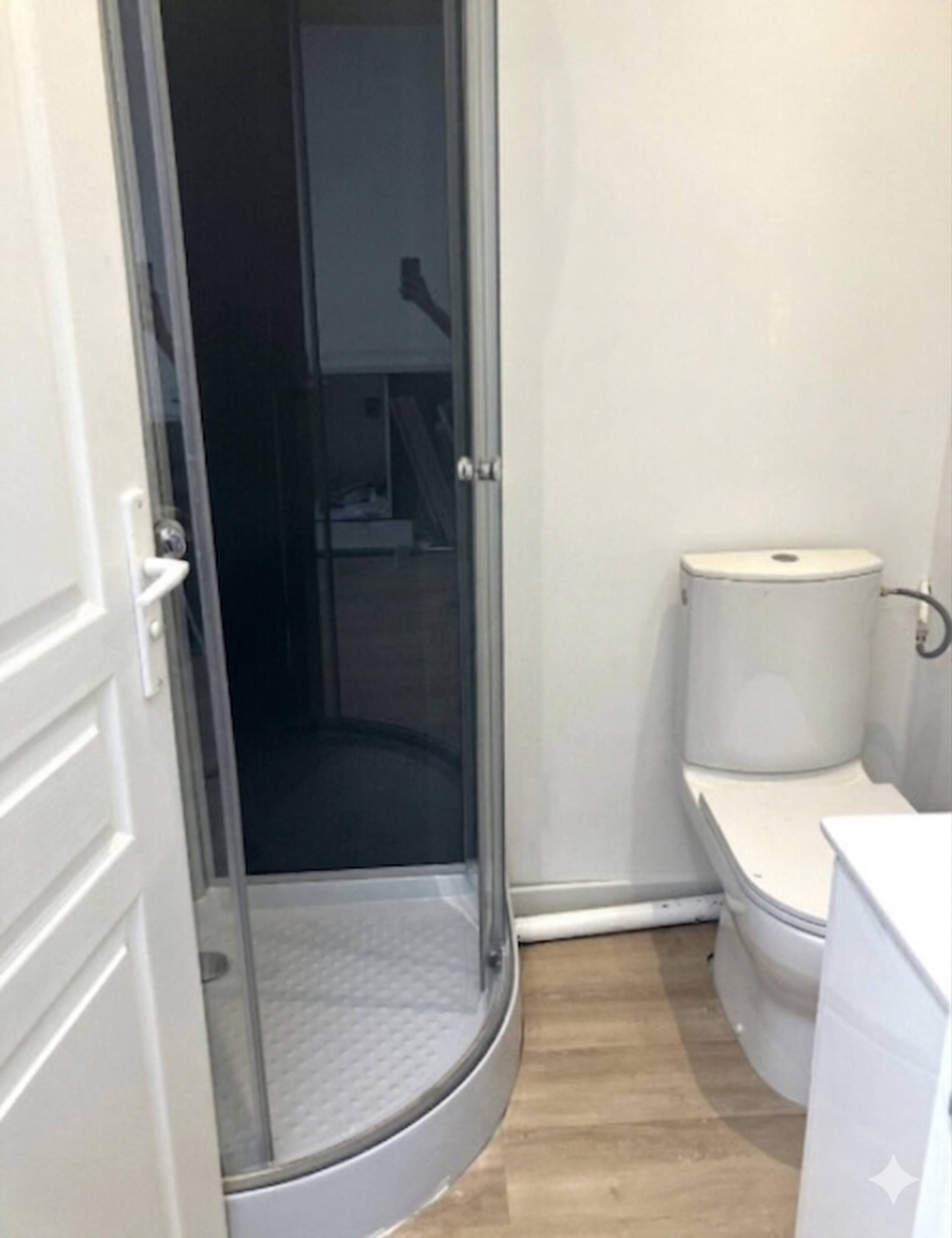 Een badkamer met een douchecabine van glas, toilet en een witte wastafel.