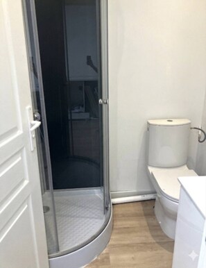 A bathroom with a glass shower enclosure, a toilet, and a white sink. - Charming 4-bedroom house in Marcq-en-Barœul perfect for families & its Garden (Marcq-en-Barœul)