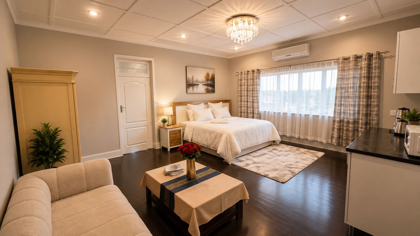 A hotel room with a bed, bedside table, lamp, and a view of the outdoors through the window.