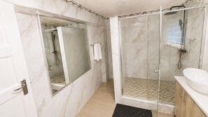A bathroom with a glass-enclosed shower, a white sink, and a mirror. - 95 on Queen Guest & Lodge – Peaceful Stay in a Great Location (Johannesburg)