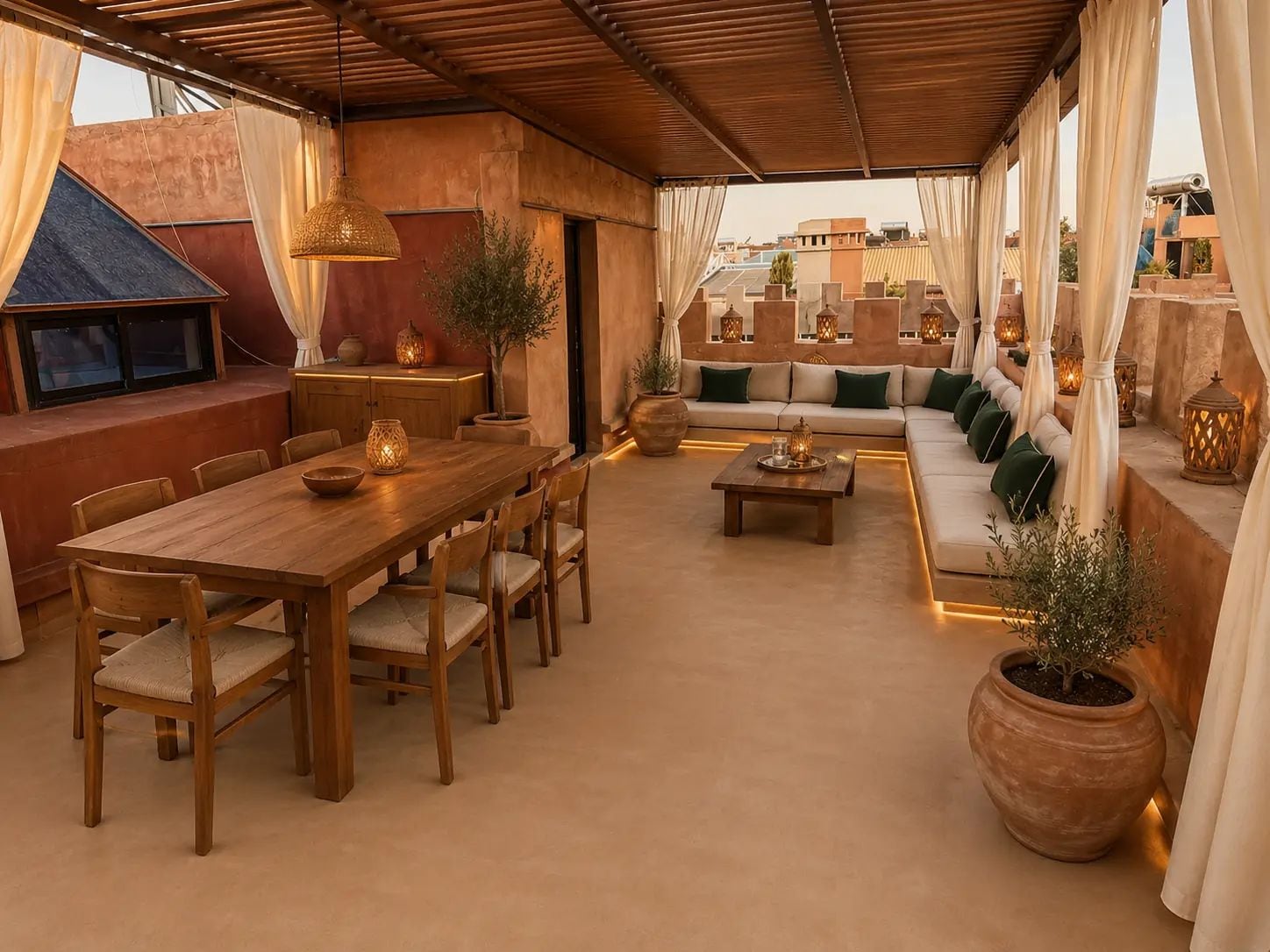 A covered outdoor seating area with a wooden table and chairs, a sofa with cushions, and potted plants.
