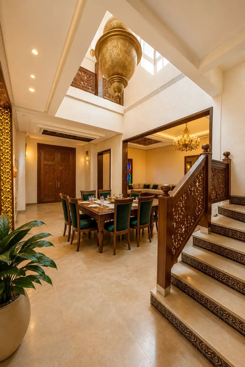 A spacious dining area with a high ceiling and a chandelier, a staircase with ornate railings, and a large potted plant.