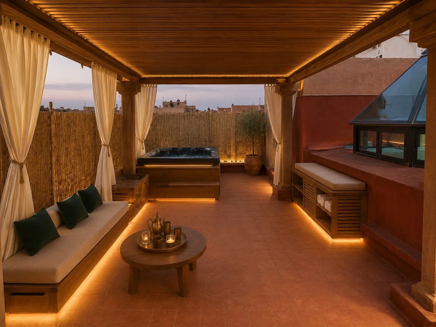 A rooftop terrace with a hot tub, seating area, and a table with candles.