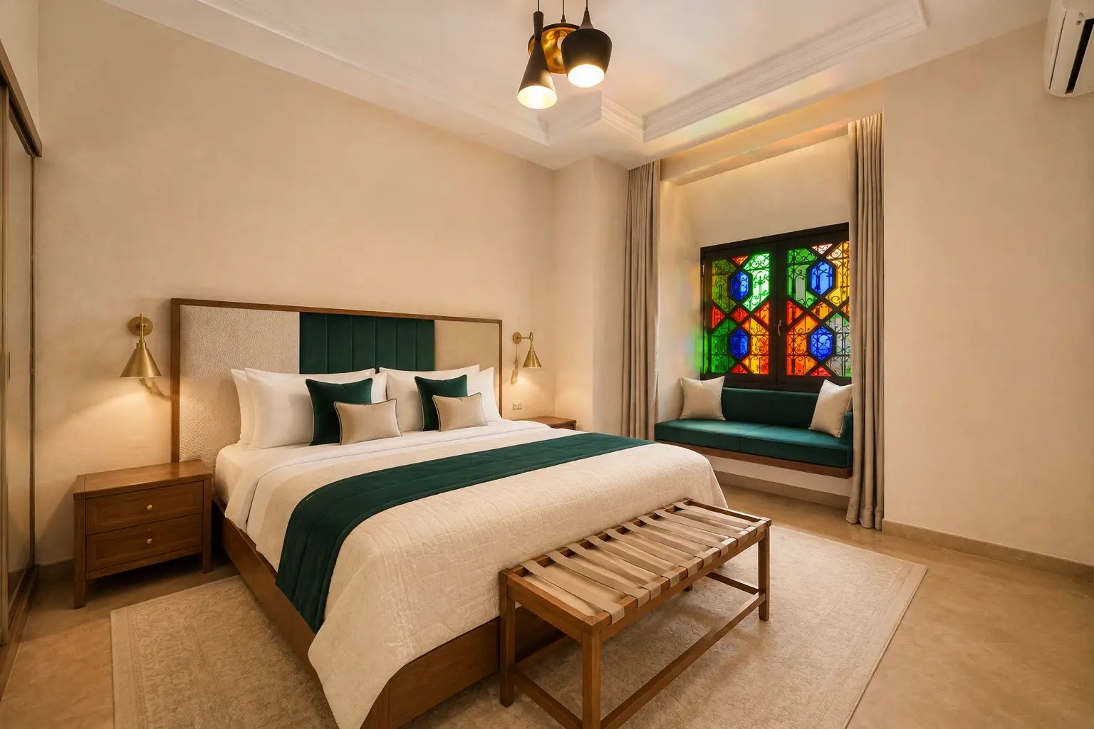 A modern bedroom with a large bed, bedside lamps, a bench, and a stained glass window.