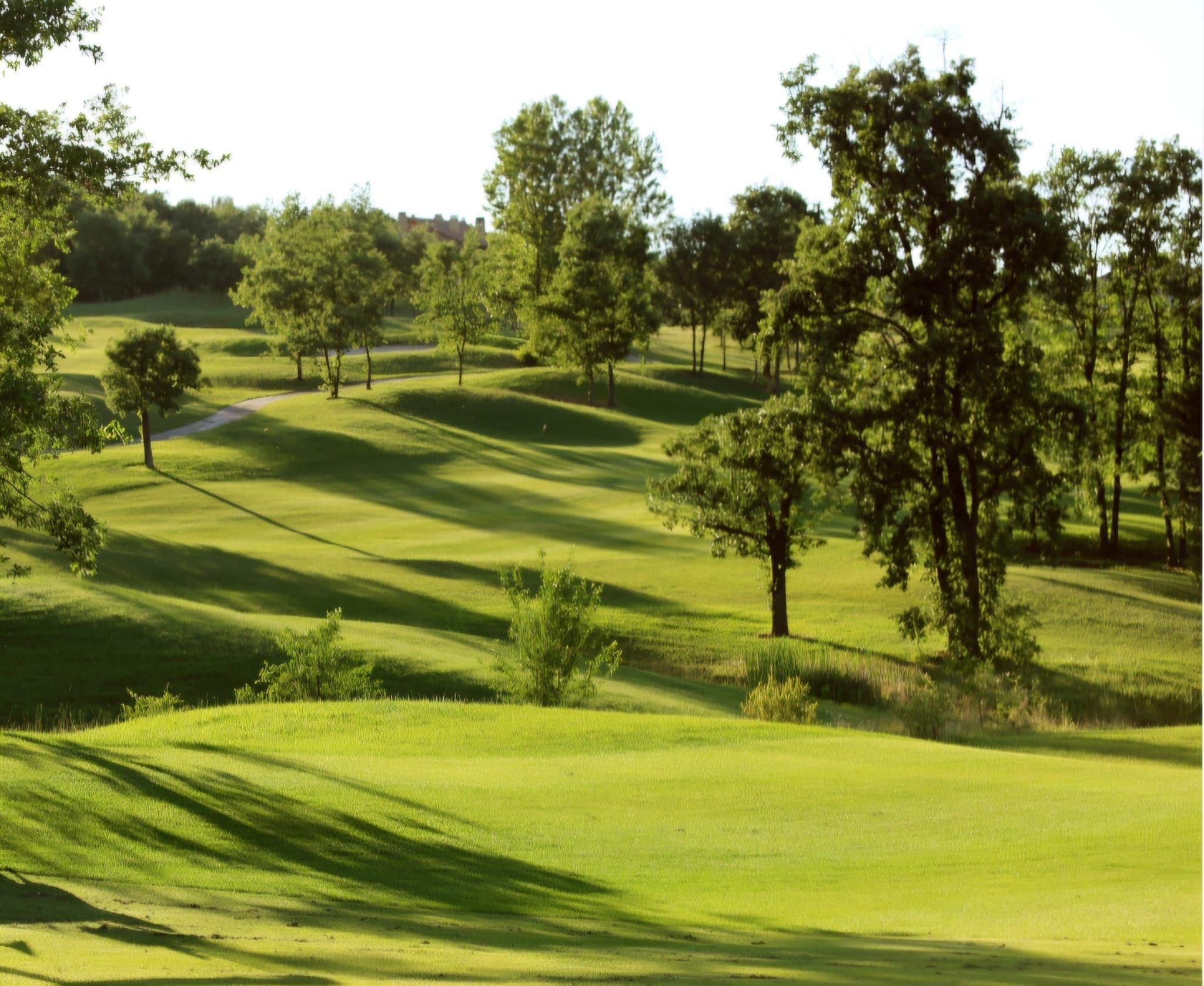 A golf course with rolling green hills, trees, and a clear sky.