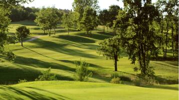 A golf course with rolling green hills, trees, and a clear sky.
