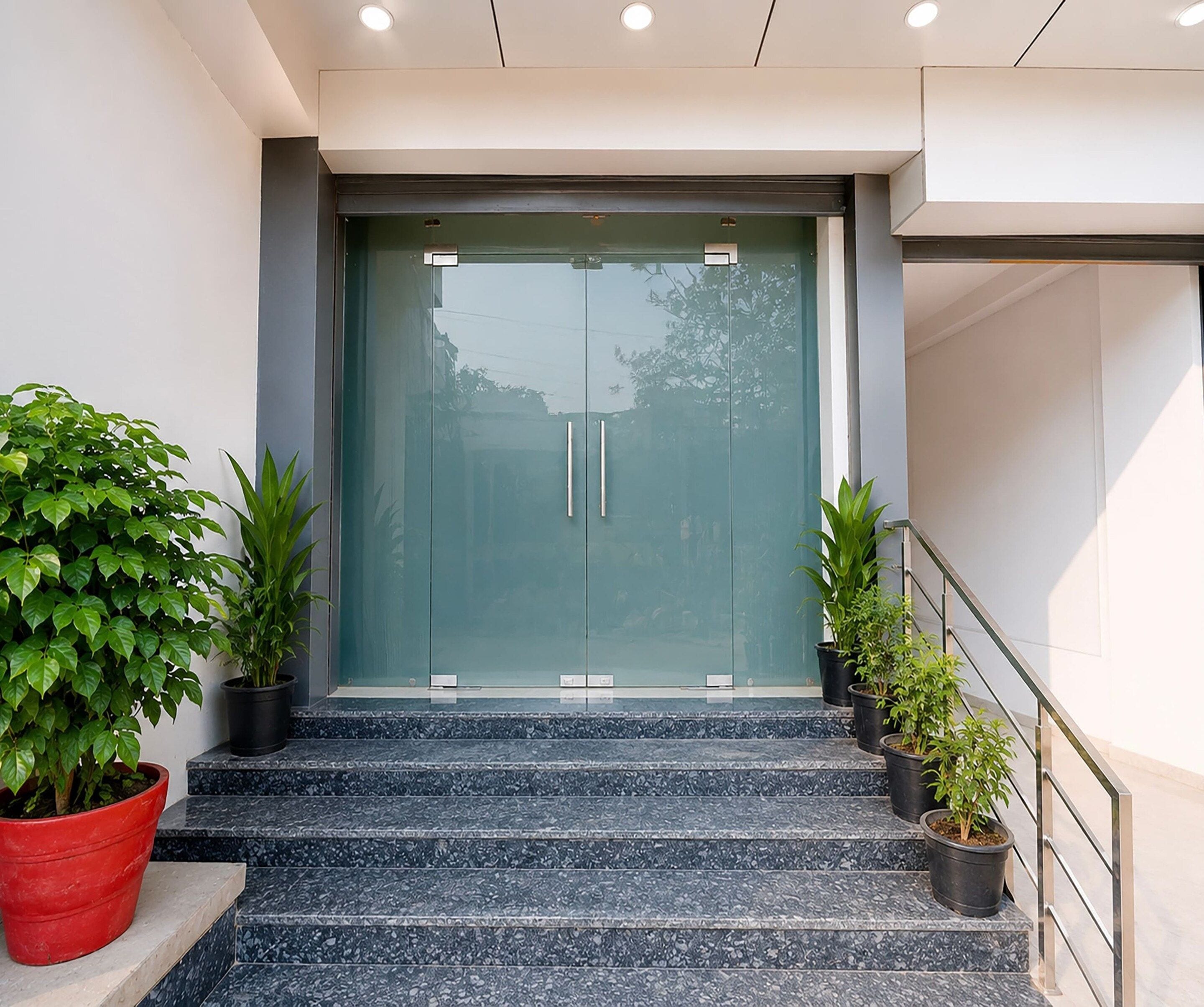 A modern building entrance with a glass door, a set of marble stairs, and potted plants.