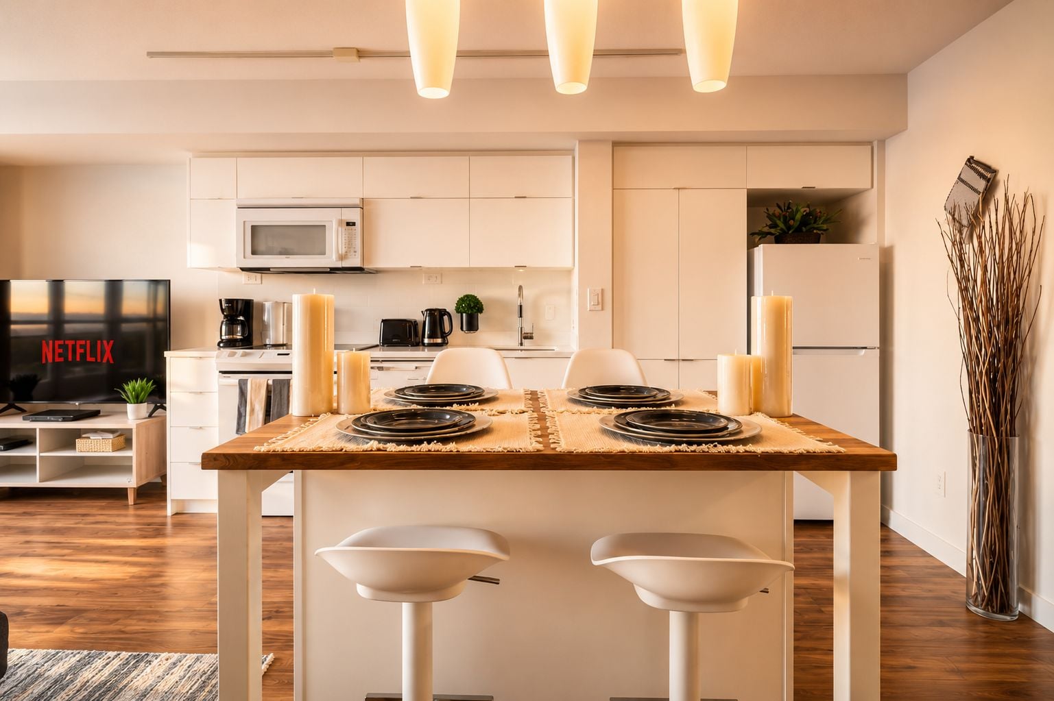 A modern kitchen with a dining table set for four, a TV displaying 'NETFLIX,' and a microwave.