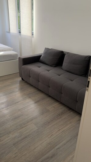 A modern living room with a grey sofa, a wooden floor, and a white wall. - Vacation Home A30 Balitherme Spa Park Heart Clinic Monteur Apartment GOP Modern (Bad Oeynhausen)